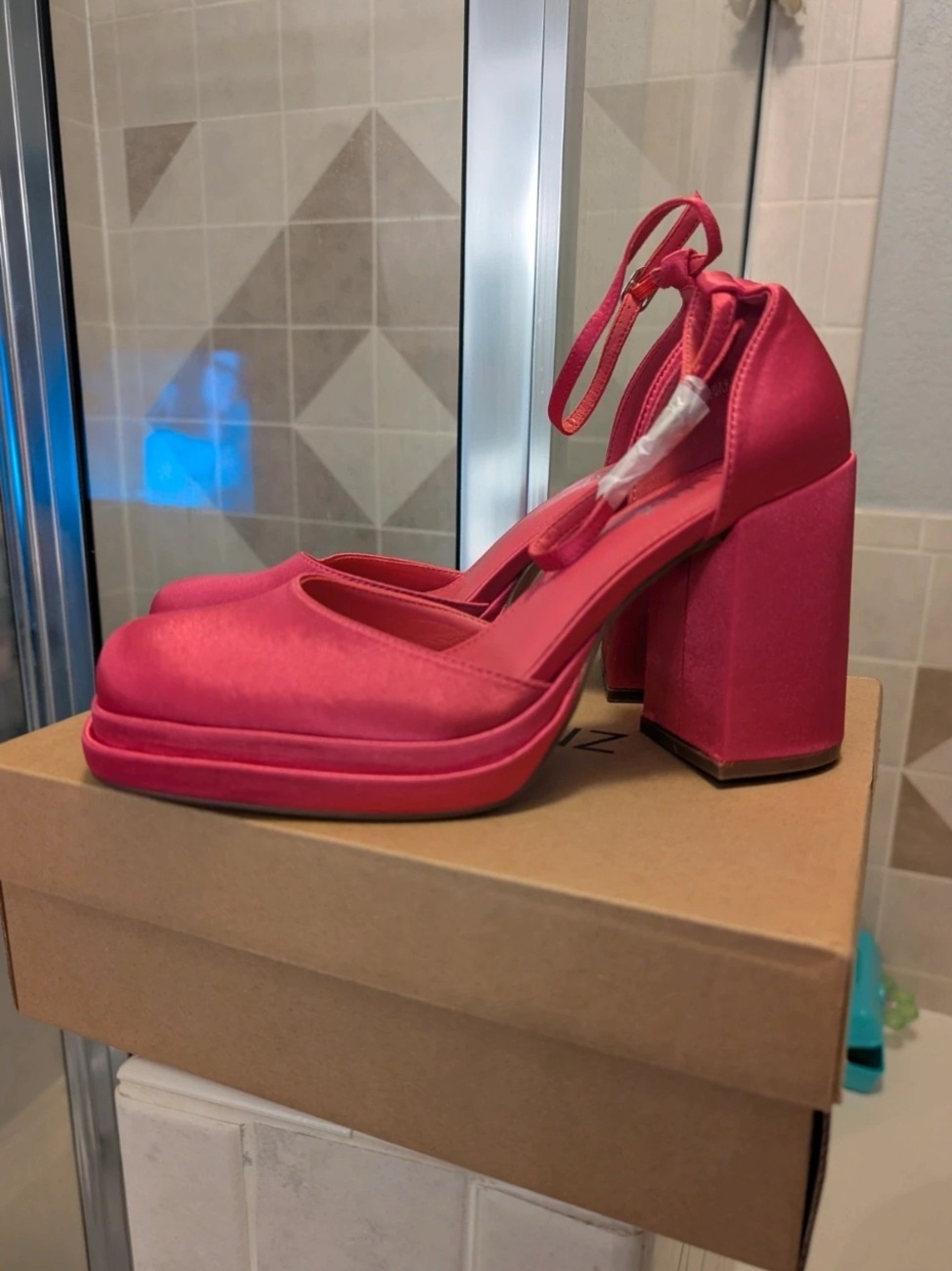 Celine Hot Pink Satin Platform Ankle-Strap Block Heels